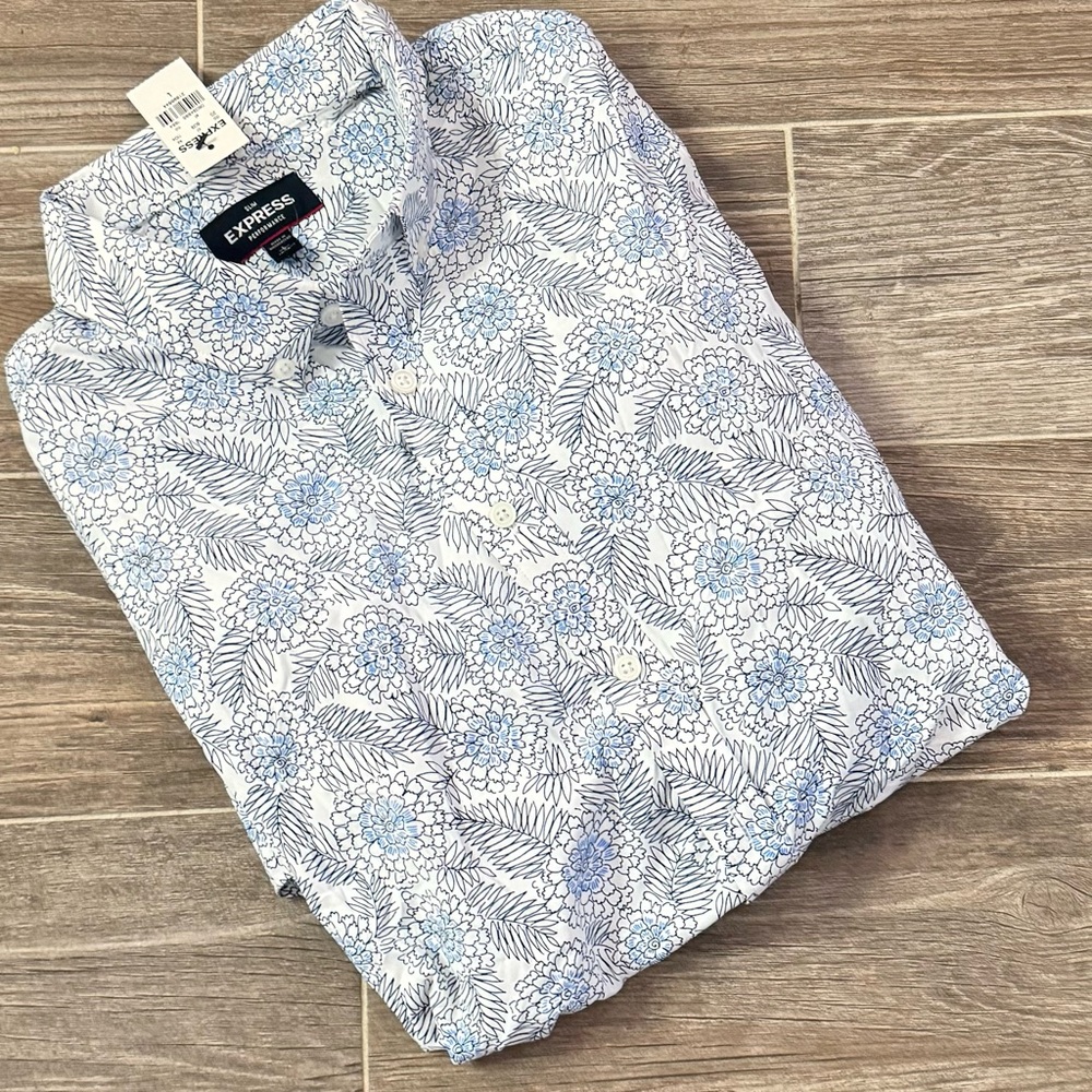 EXPRESS Men's Blue Floral Slim Fit Long Sleeved Shirt size Large Slim - Picture 7 of 7